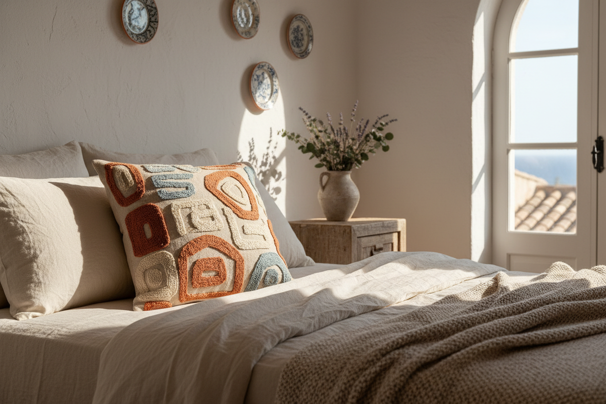 coussin en coton brodé moderne dans une chambre cosy mediteraneene