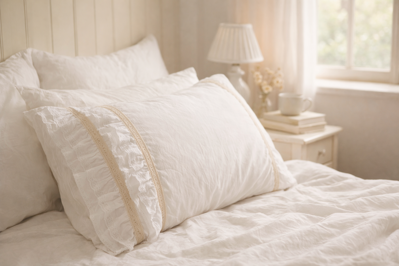 Housse de coussin en coton brodé dans une chambre à l’ambiance chaleureuse et naturelle, inspiration maison française.