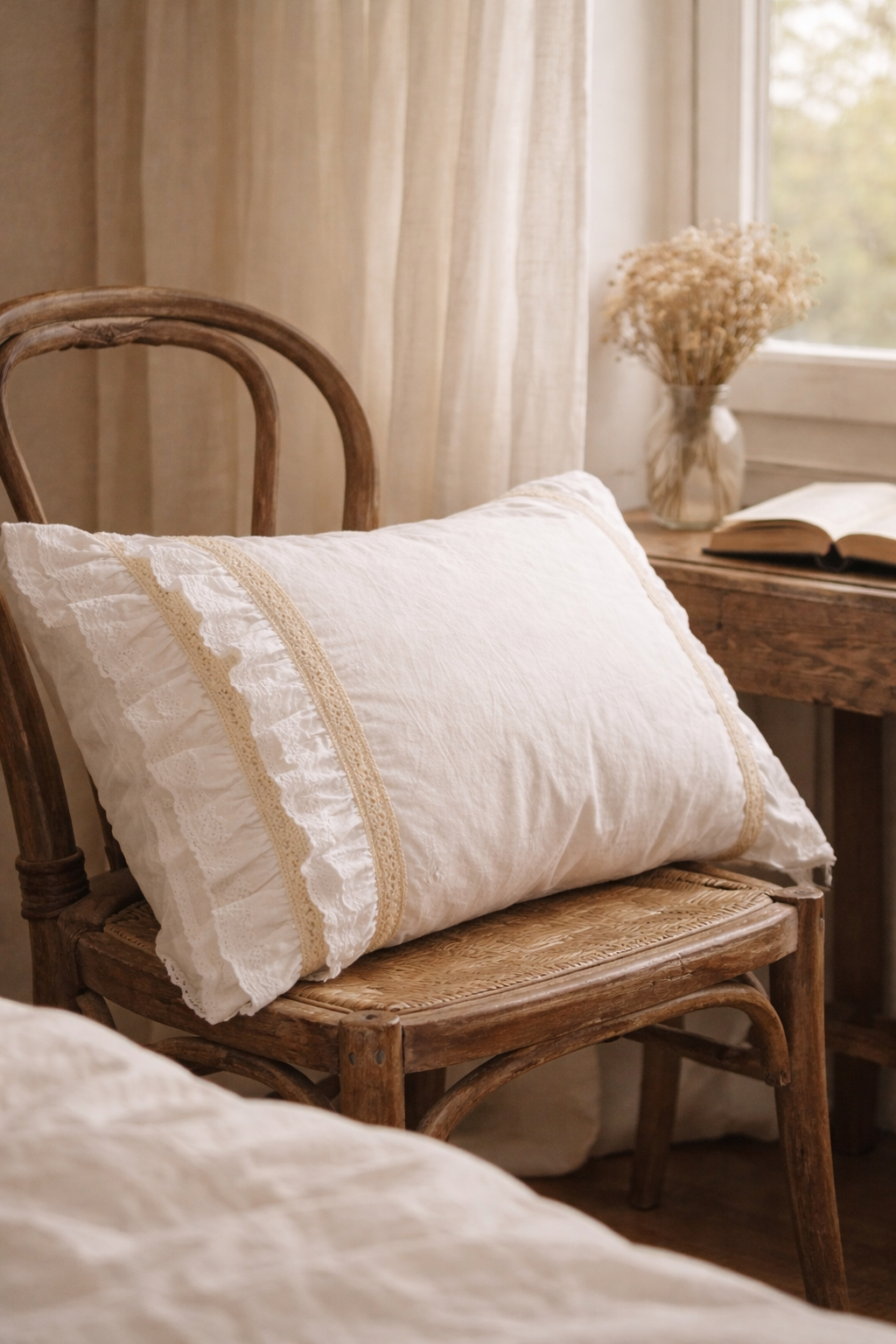 Housse de coussin blanche en coton brodé avec dentelle, posée sur un lit aux tons naturels, style élégant et intemporel.